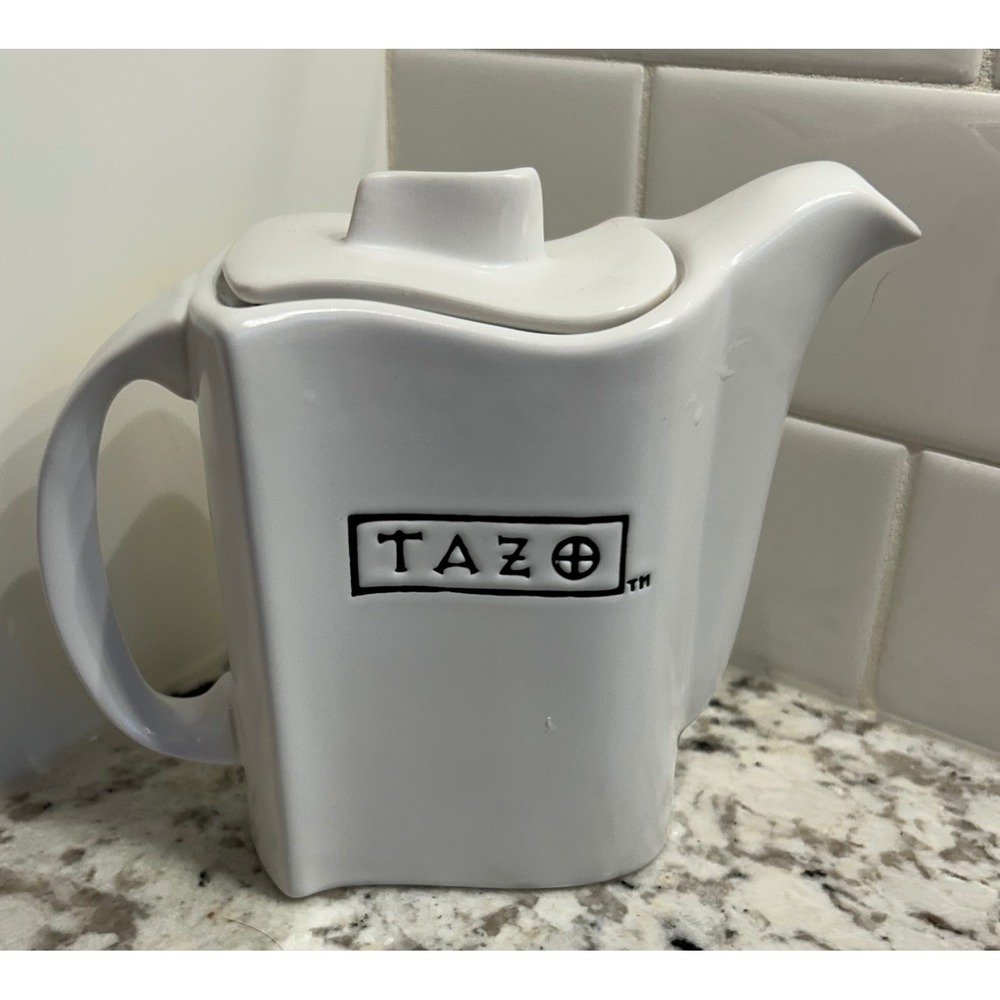 Tazo White Ceramic‎ Teapot Wavy Rectangular Modern Logo Tea Pot with Lid